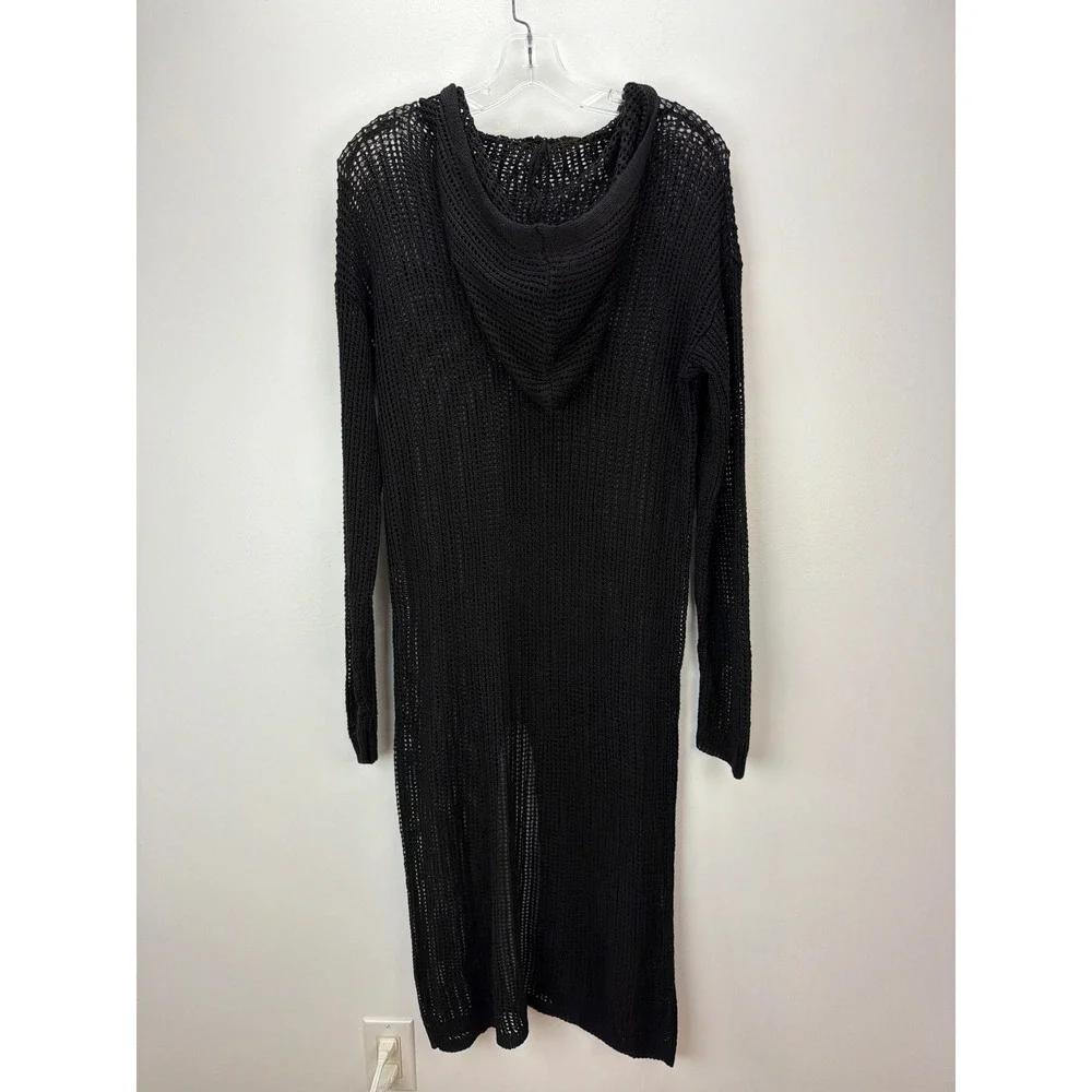 Mystree Black Open Knit Fishnet Hooded Bikini Cover Up M‎ Soft Beachy Stretchy